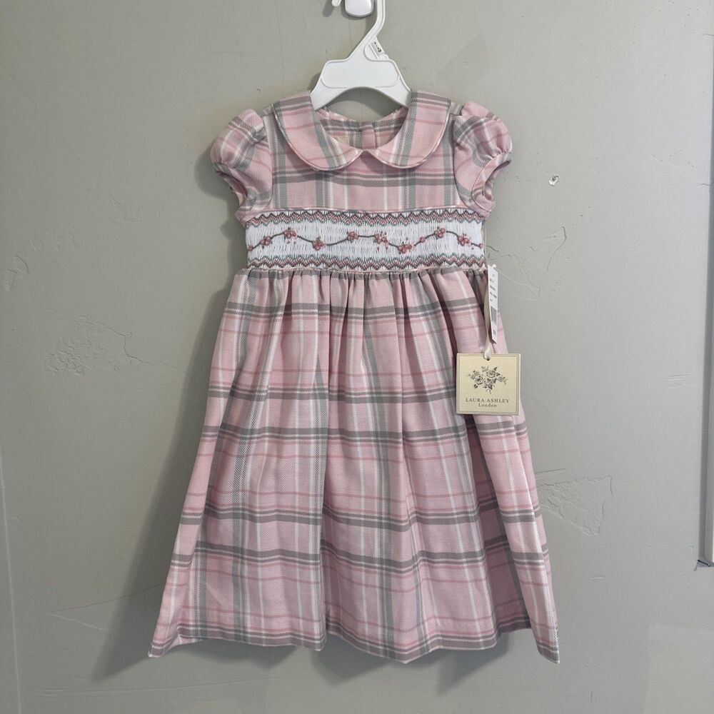 Laura Ashley London NWT 2T Dress Pink Ruching Plaid Roses Girls Baby